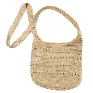 Beige Knit Shoulder Bag Purse Zipper Closure Boho Beach Woven Crochet Zip Cute